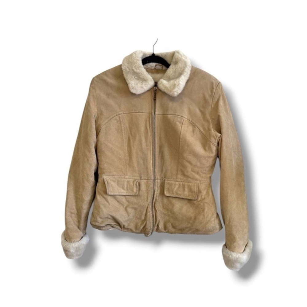 Vtg 90s Wilsons Leather MAXIMA Suede Moto Jacket Shearling Women L Beige